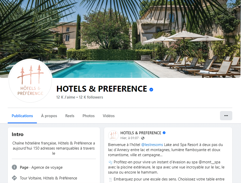 page facebook pour hôtel